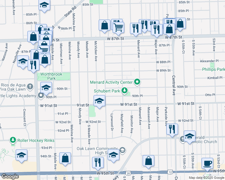 map of restaurants, bars, coffee shops, grocery stores, and more near 5935 West 90th Street in Oak Lawn