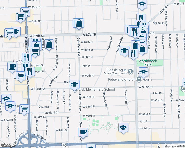 map of restaurants, bars, coffee shops, grocery stores, and more near 6706 1/2 West 90th Street in Oak Lawn