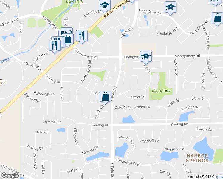 map of restaurants, bars, coffee shops, grocery stores, and more near 2470 Ridge Avenue in Aurora