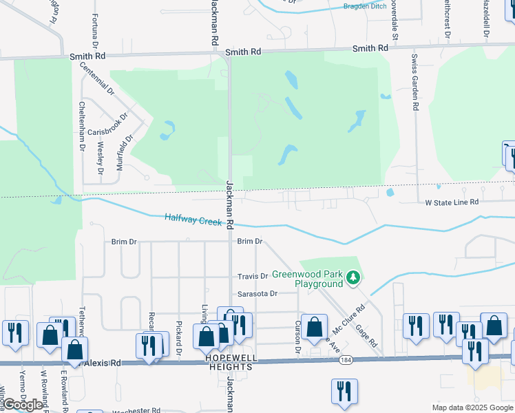 map of restaurants, bars, coffee shops, grocery stores, and more near 1607 Brooke Park Drive in Toledo