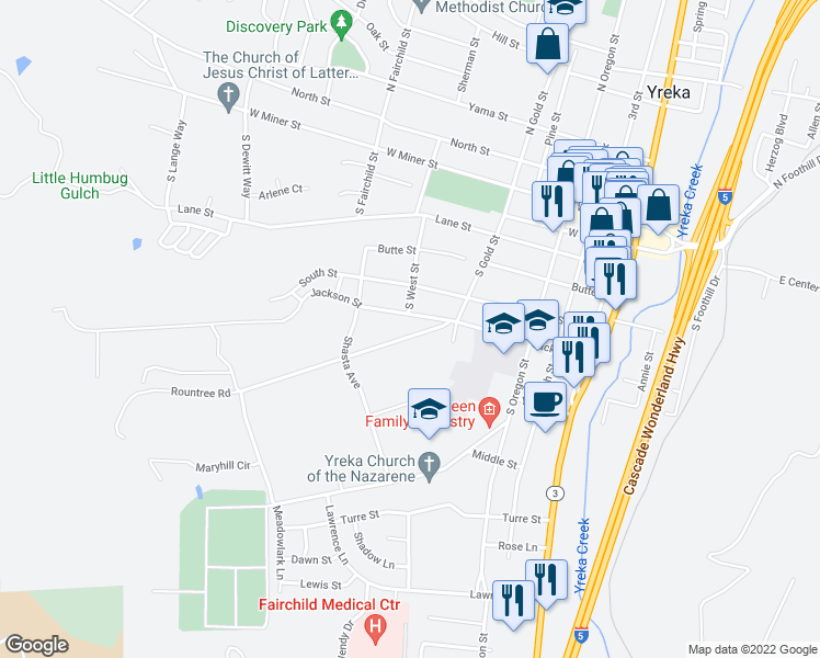 map of restaurants, bars, coffee shops, grocery stores, and more near 614 French Street in Yreka