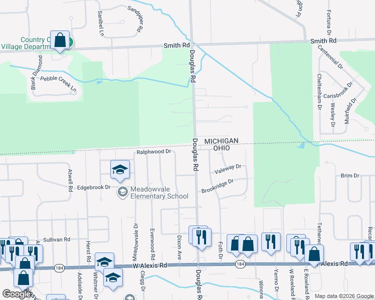 map of restaurants, bars, coffee shops, grocery stores, and more near 6173 Douglas Road in Toledo