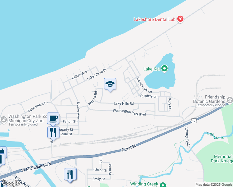 map of restaurants, bars, coffee shops, grocery stores, and more near 201 Ferguson Road in Michigan City