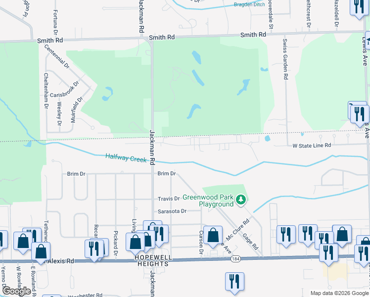 map of restaurants, bars, coffee shops, grocery stores, and more near 1549 Brooke Park Drive in Toledo