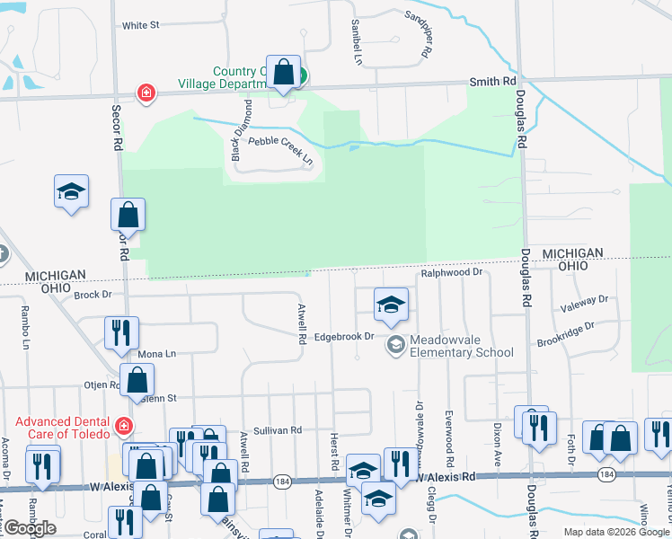 map of restaurants, bars, coffee shops, grocery stores, and more near 6182 Herst Road in Toledo