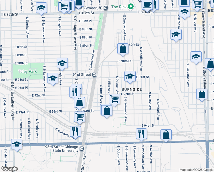 map of restaurants, bars, coffee shops, grocery stores, and more near 9128 South Ellis Avenue in Chicago