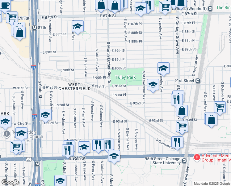 map of restaurants, bars, coffee shops, grocery stores, and more near 418 East 91st Place in Chicago