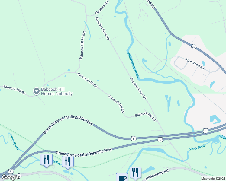 map of restaurants, bars, coffee shops, grocery stores, and more near 220 Babcock Hill Road in Coventry