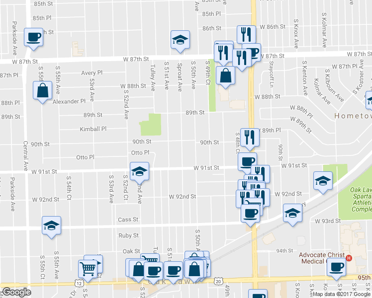 map of restaurants, bars, coffee shops, grocery stores, and more near 9013 Sproat Ave in Oak Lawn