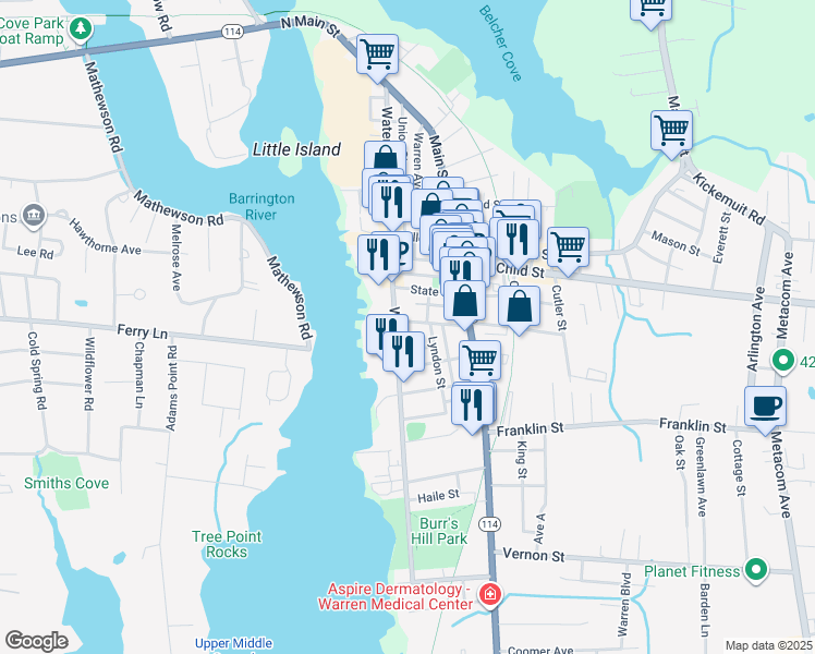 map of restaurants, bars, coffee shops, grocery stores, and more near 50 Washington Street in Warren