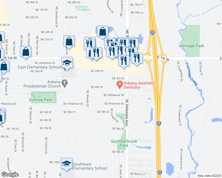 map of restaurants, bars, coffee shops, grocery stores, and more near 933 Southeast 4th Street in Ankeny
