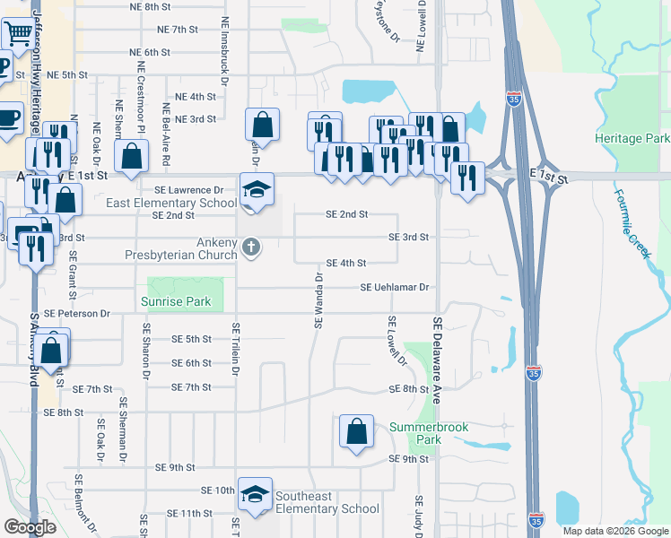 map of restaurants, bars, coffee shops, grocery stores, and more near 825 Southeast 4th Street in Ankeny
