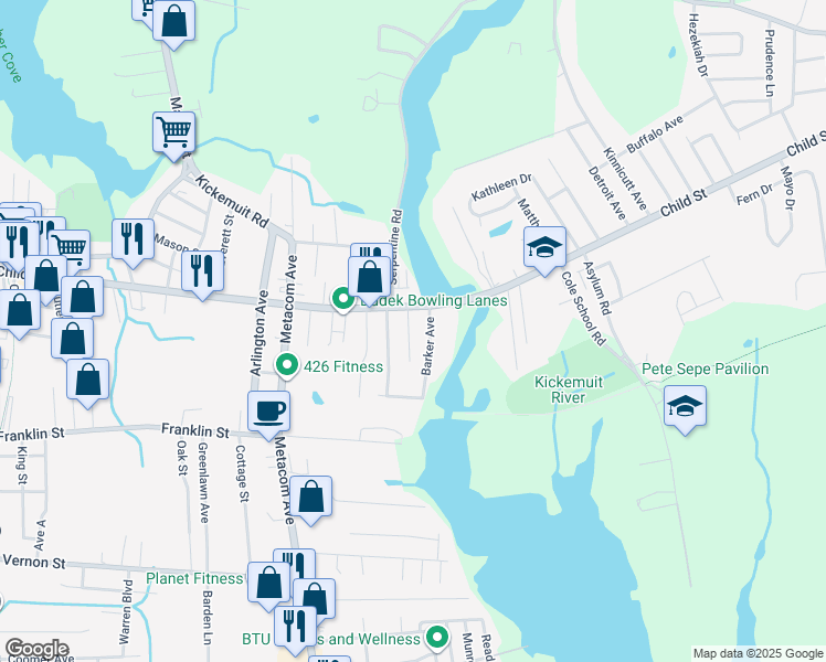 map of restaurants, bars, coffee shops, grocery stores, and more near 18 Middle St in Warren
