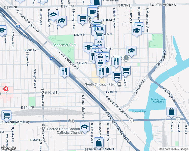 map of restaurants, bars, coffee shops, grocery stores, and more near 2924 East 92nd Street in Chicago