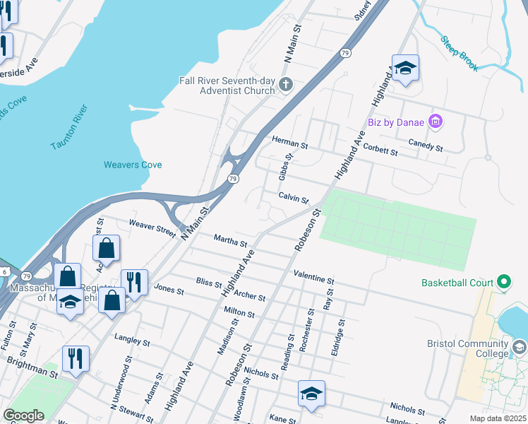 map of restaurants, bars, coffee shops, grocery stores, and more near 1800 Highland Avenue in Fall River