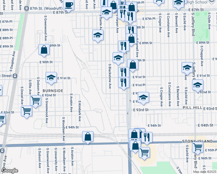 map of restaurants, bars, coffee shops, grocery stores, and more near 9134 South Blackstone Avenue in Chicago