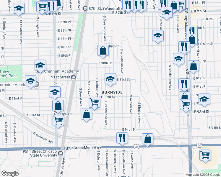 map of restaurants, bars, coffee shops, grocery stores, and more near 9130 South University Avenue in Chicago