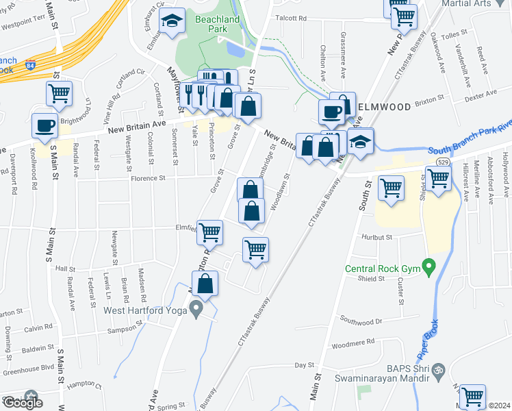 map of restaurants, bars, coffee shops, grocery stores, and more near 94 Cambridge Street in West Hartford