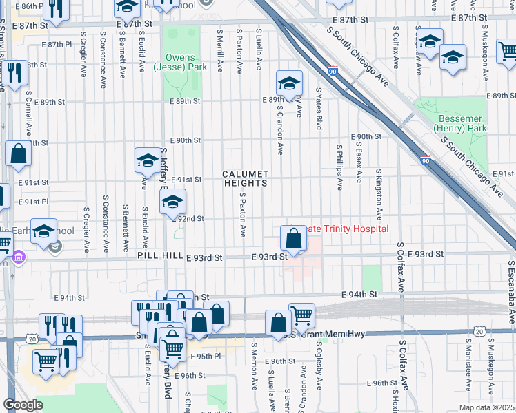 map of restaurants, bars, coffee shops, grocery stores, and more near 9142 South Luella Avenue in Chicago