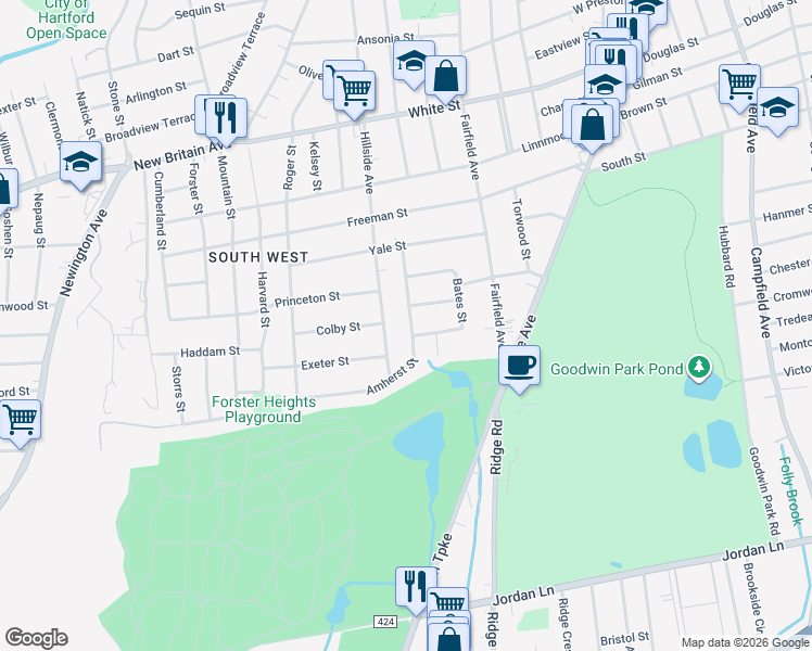 map of restaurants, bars, coffee shops, grocery stores, and more near 59 Amherst Street in Hartford