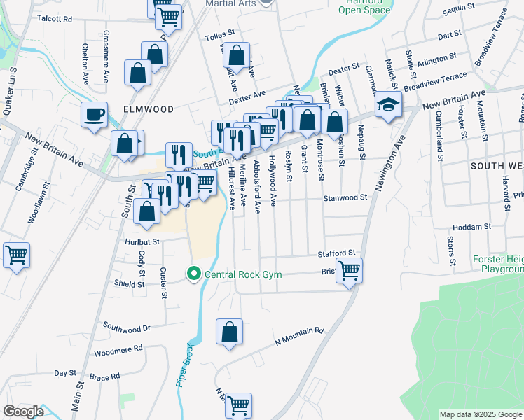 map of restaurants, bars, coffee shops, grocery stores, and more near 74 Abbotsford Avenue in West Hartford