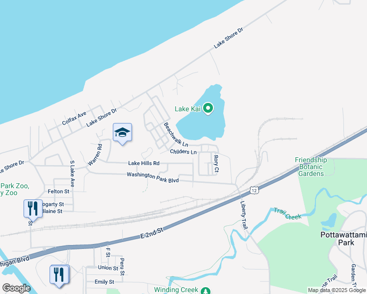 map of restaurants, bars, coffee shops, grocery stores, and more near 305 Beachwalk Lane in Michigan City
