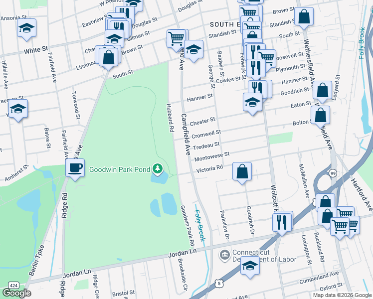 map of restaurants, bars, coffee shops, grocery stores, and more near 437 Campfield Avenue in Hartford