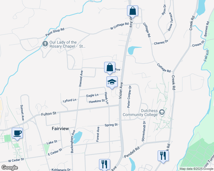 map of restaurants, bars, coffee shops, grocery stores, and more near 25 Hawk Lane in Poughkeepsie