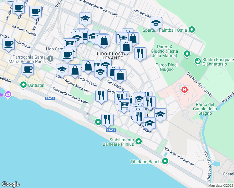 map of restaurants, bars, coffee shops, grocery stores, and more near Via Oletta in Lido di Ostia