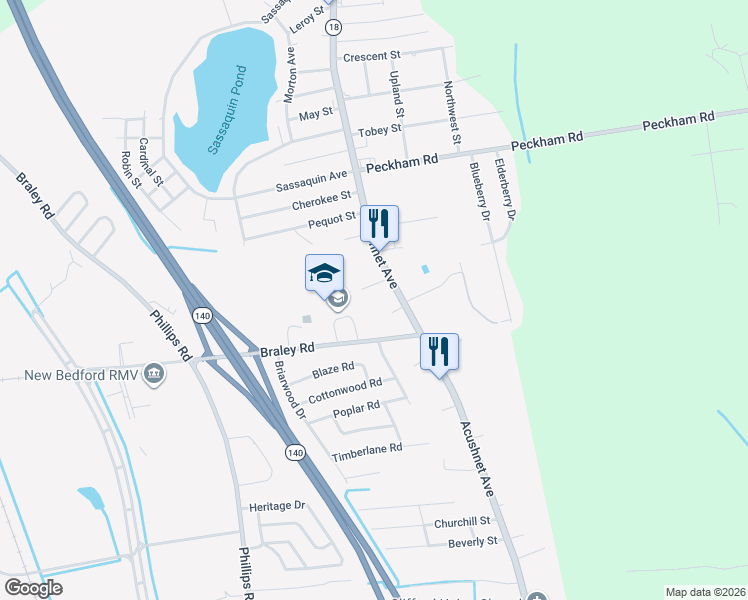 map of restaurants, bars, coffee shops, grocery stores, and more near 4085 Acushnet Ave in New Bedford