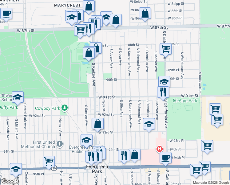 map of restaurants, bars, coffee shops, grocery stores, and more near 9041 South Albany Avenue in Evergreen Park