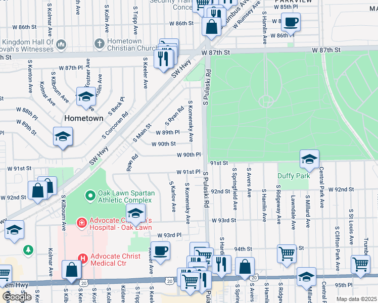 map of restaurants, bars, coffee shops, grocery stores, and more near 4032 West 90th Place in Hometown