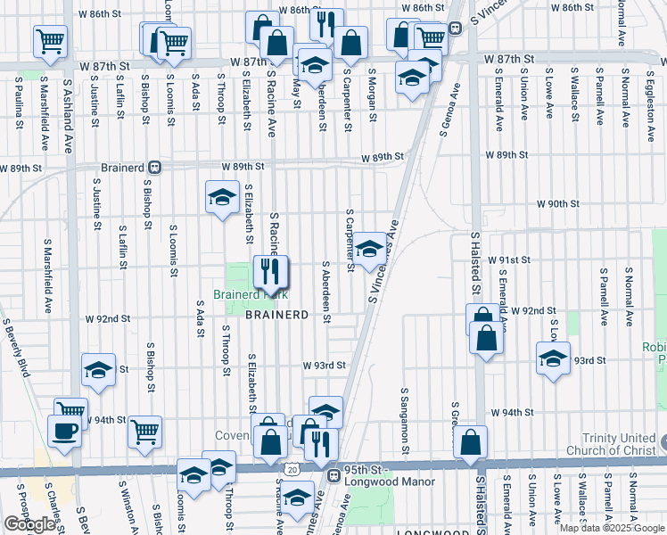 map of restaurants, bars, coffee shops, grocery stores, and more near 9102 South Aberdeen Street in Chicago