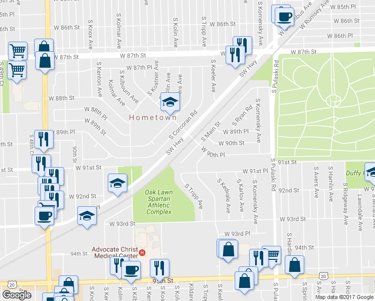 map of restaurants, bars, coffee shops, grocery stores, and more near 9052 South Main Street in Hometown