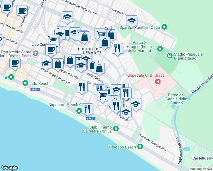 map of restaurants, bars, coffee shops, grocery stores, and more near 55 Viale Capitan Casella in Ostia (Rome)