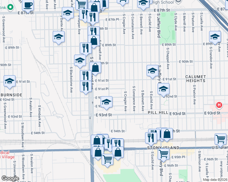 map of restaurants, bars, coffee shops, grocery stores, and more near 1717 East 91st Place in Chicago