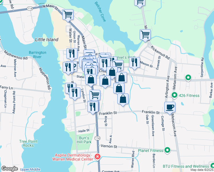 map of restaurants, bars, coffee shops, grocery stores, and more near 36 Croade Street in Warren