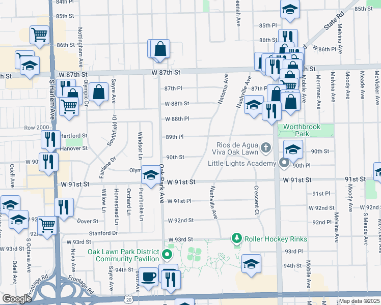 map of restaurants, bars, coffee shops, grocery stores, and more near 6706 1/2 West 90th Street in Oak Lawn