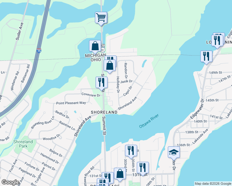 map of restaurants, bars, coffee shops, grocery stores, and more near 6049 Holliday Drive in Toledo