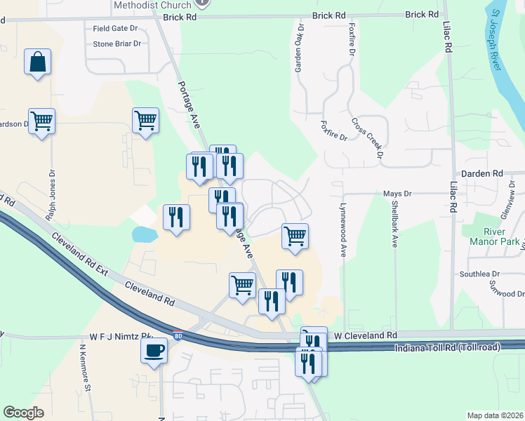 map of restaurants, bars, coffee shops, grocery stores, and more near 2654 Arabian Court in South Bend