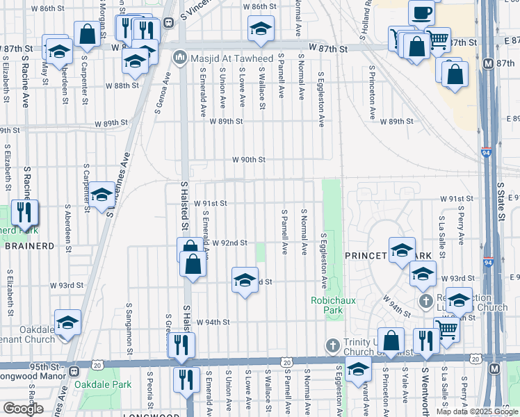 map of restaurants, bars, coffee shops, grocery stores, and more near 9106 South Wallace Street in Chicago