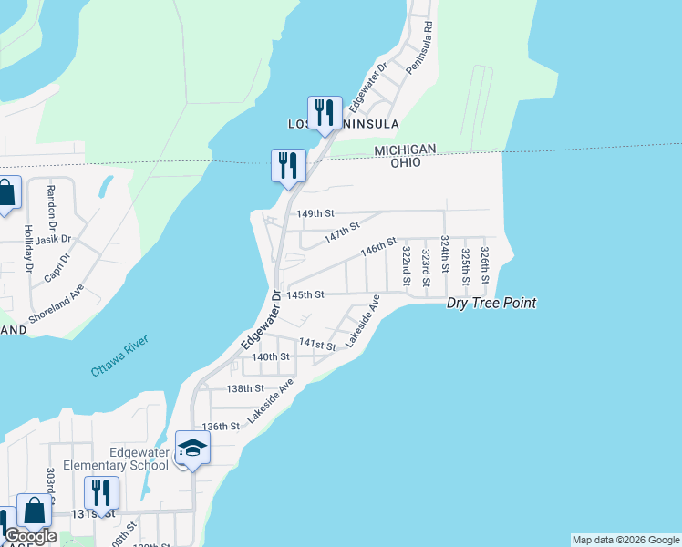 map of restaurants, bars, coffee shops, grocery stores, and more near 6023 319th Street in Toledo