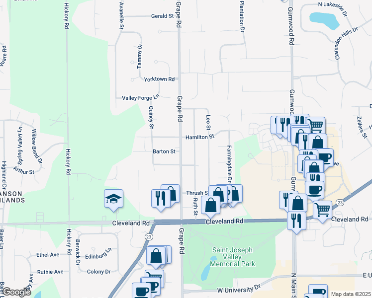 map of restaurants, bars, coffee shops, grocery stores, and more near 52665 Ruth Street in Granger