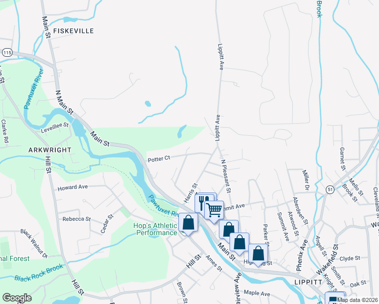 map of restaurants, bars, coffee shops, grocery stores, and more near 34 Highland Ave in Coventry