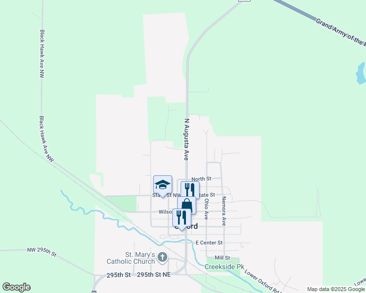 map of restaurants, bars, coffee shops, grocery stores, and more near 609 North Augusta Avenue in Oxford