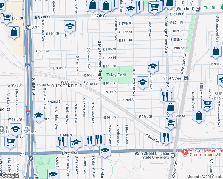 map of restaurants, bars, coffee shops, grocery stores, and more near 456 East 91st Place in Chicago