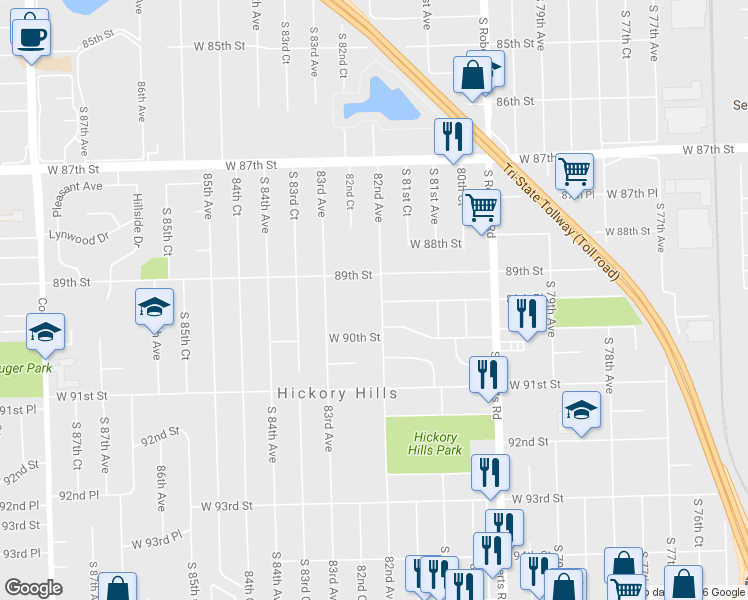 map of restaurants, bars, coffee shops, grocery stores, and more near 8930 South 82nd Avenue in Hickory Hills