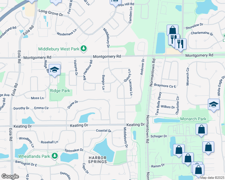 map of restaurants, bars, coffee shops, grocery stores, and more near 3035 Bangor Lane in Aurora