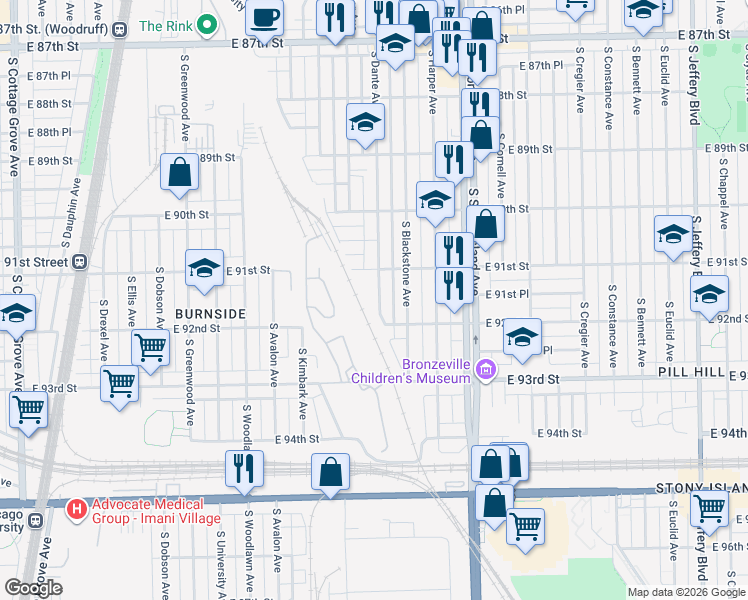 map of restaurants, bars, coffee shops, grocery stores, and more near 9128 South Dante Avenue in Chicago