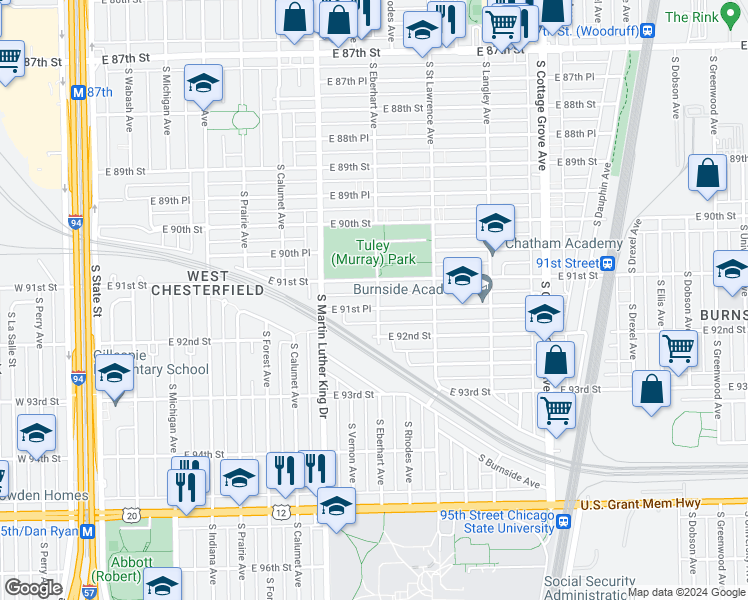 map of restaurants, bars, coffee shops, grocery stores, and more near 456 East 91st Place in Chicago